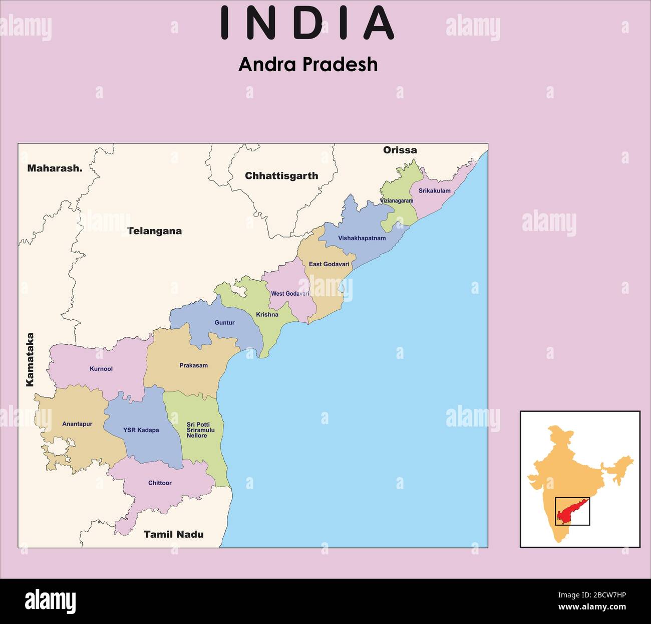 Illustration vectorielle de la carte du district d'Andhra Pradesh avec bordure en couleur. Illustration de Vecteur