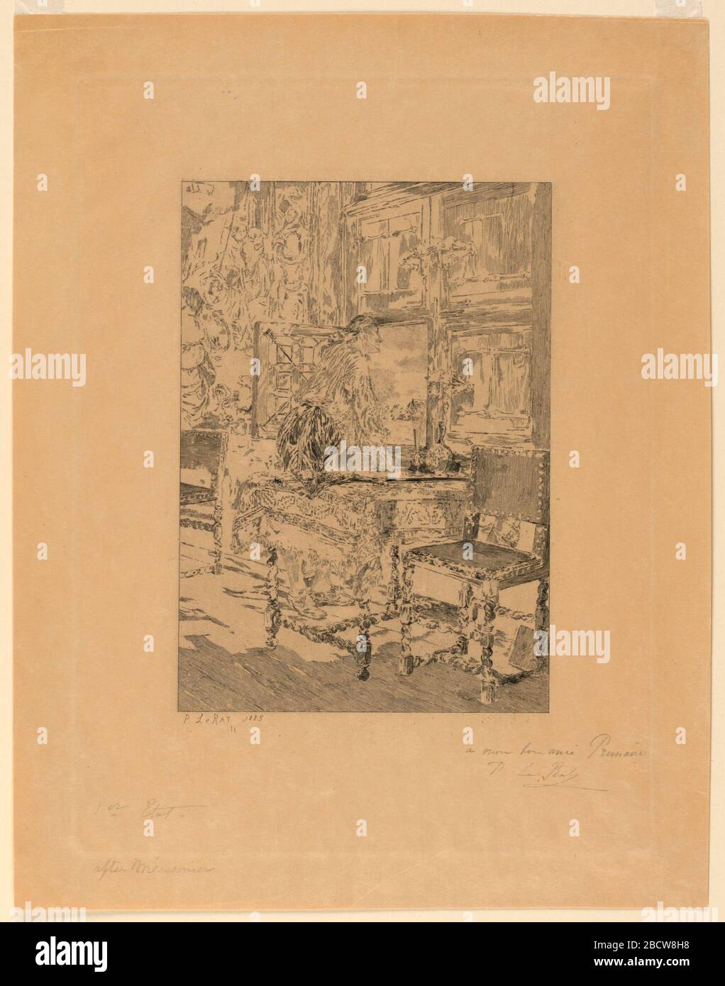 L'homme à la fenêtre. Recherche en intérieur ProgressRoom; un homme se distingue par une fenêtre de cas. Inscrit : P. LeRat 1885 et signé (en crayon). L'homme à la fenêtre Banque D'Images