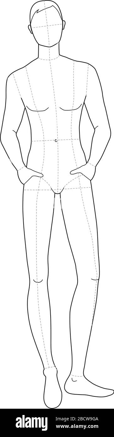 Modèle de mode de repos debout hommes. 9 dimensions de tête pour le dessin technique avec lignes principales. Messieurs figure vue de face. Silhouette vectorielle pour l'esquisse et l'illustration de mode. Illustration de Vecteur