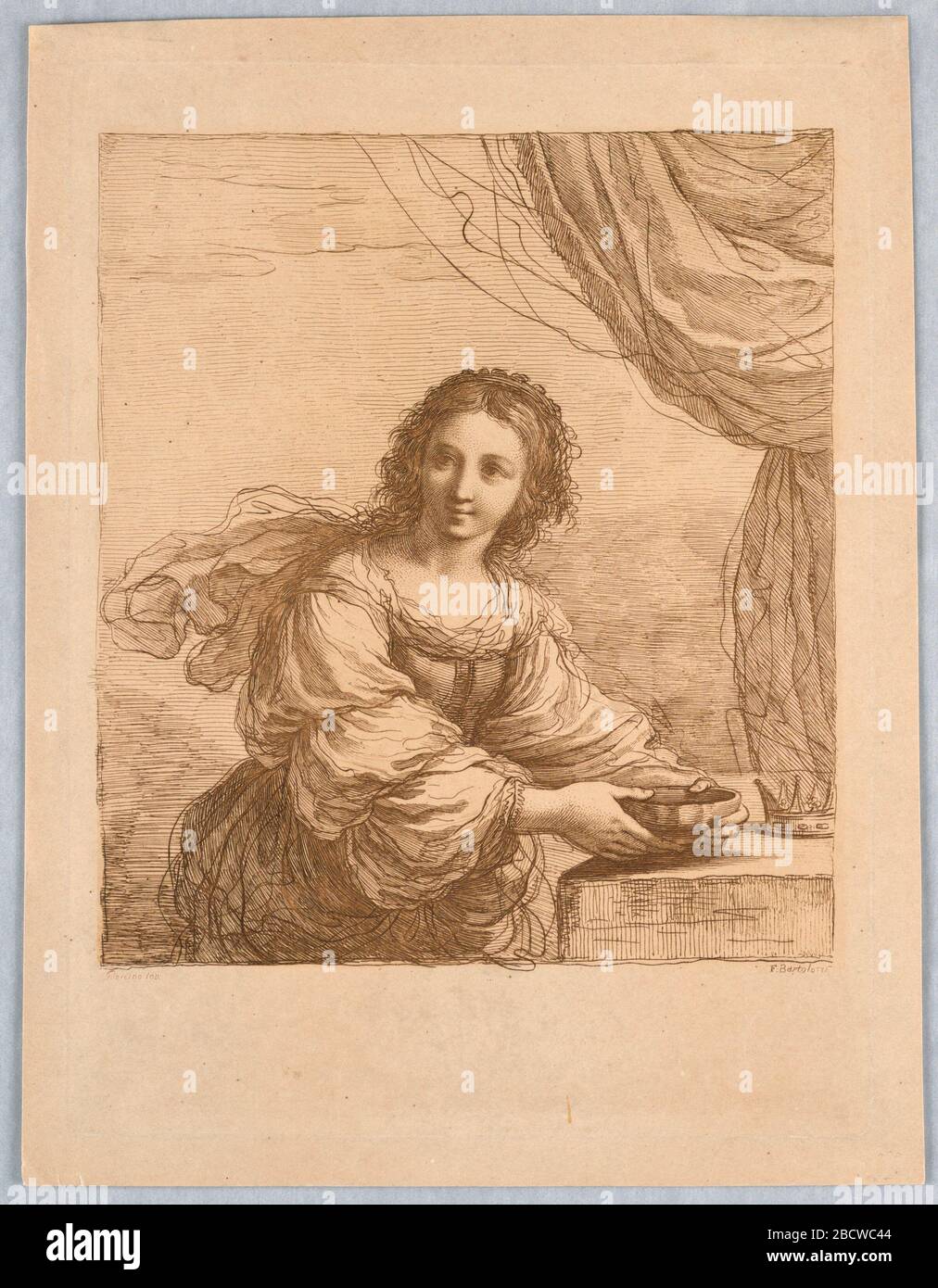 Sophonisba avec un bol. La recherche en ProgressSophonisba se trouve à une table, devant un rideau. La couronne se trouve sur la table, à l'extrême droite; un bol dans les deux mains, reposant sur la table. Elle regarde légèrement vers la gauche. Sophonisba avec un bol Banque D'Images