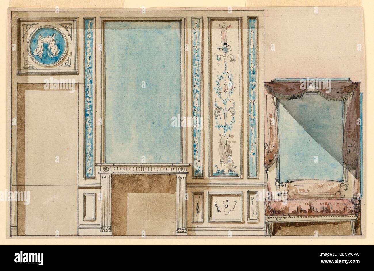 Design pour une chambre. Recherche en progression les élévations d'un mur et de l'alcôve de lit sont indiquées. Le morceau de cheminée a un verre de regard comme un manteau au-dessus. À droite, le lit illustré par le pied et un rétroviseur à l'arrière. Design pour une chambre Banque D'Images