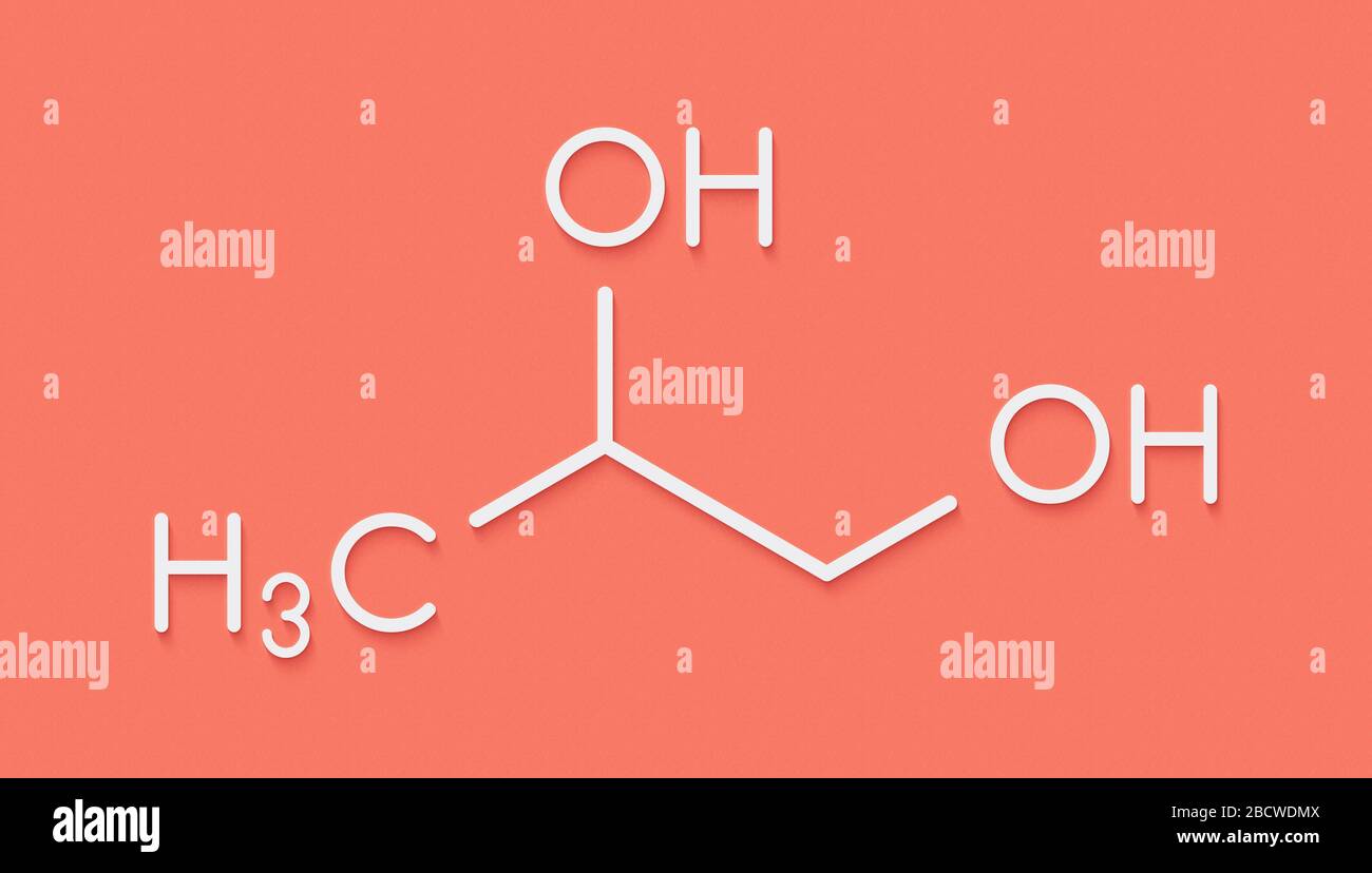 Molécule de propylène glycol (1,2-propanediol). Utilisé comme solvant dans les médicaments pharmaceutiques, comme additif alimentaire, dans les solutions de dégivrage, etc. Formule squelette. Banque D'Images