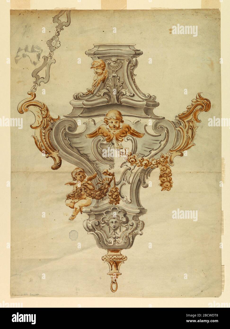 Conception pour un censeur. Recherche en ProgressDesign pour un censeur d'argent doré partiel. Suggestions alternatives affichées. Au sommet se trouve une plate-forme plate, au centre un chérubin doré. À droite, un festin; à gauche un ange assis. Déposer en bas. Suspendu de la chaîne en haut à gauche. Conception pour un censeur Banque D'Images