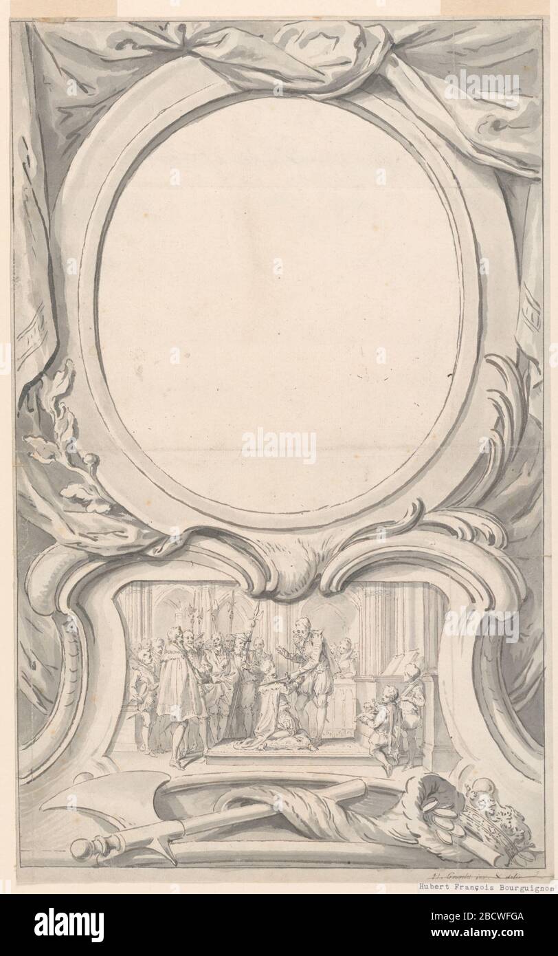 Design pour cadre entourant le Portrait d'Edward Seymour Duke de Somerset. Recherche en ProgressDesign pour cadre entourant le portrait d'Edward Seymour, duc de Somerset. Deux escutcheons ; le haut un blanc et destiné au portrait. Le scutcheon inférieur contient une scène figurale représentant le doublage cérémonial d'Edward VI Design pour cadre entourant le Portrait d'Edward Seymour Duke de Somerset Banque D'Images