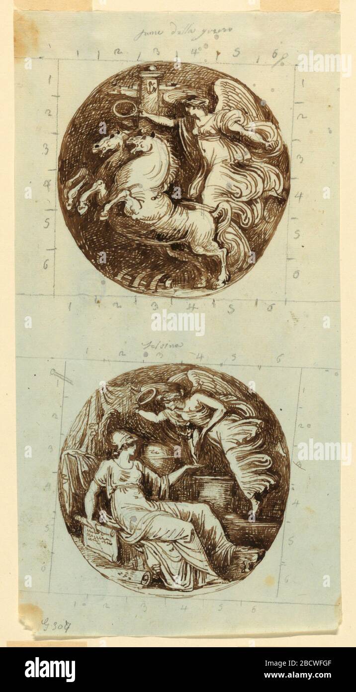 Une victoire aidée équitation un Chariot UNE victoire aidée couronnant Minerva deux cocardes. Recherche en ProgressTop: Une victoire en direction de gauche. Une colonne rostrale est affichée en arrière-plan. Fond: Un génie féminin volant couronnant Athena assis dans son étude. Légendes : fame della guerre; Felsina. Felsina est un mot symbolisant Bologne, à Etruscan. Une victoire aidée équitation un Chariot UNE victoire aidée couronnant Minerva deux cocardes Banque D'Images