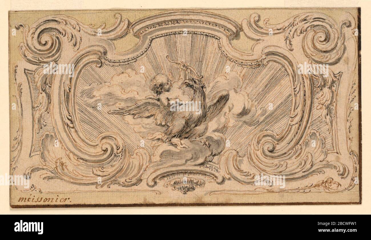 Design pour un panneau décoratif. Recherche dans ProgressThithin un cadre de cartouche est un coup de soleil entourant un puto à l'arrière d'un aigle, ailes s'est propagé. L'aigle repose sur un nuage et maintient un boulon de foudre avec son pied droit. Design pour un panneau décoratif Banque D'Images