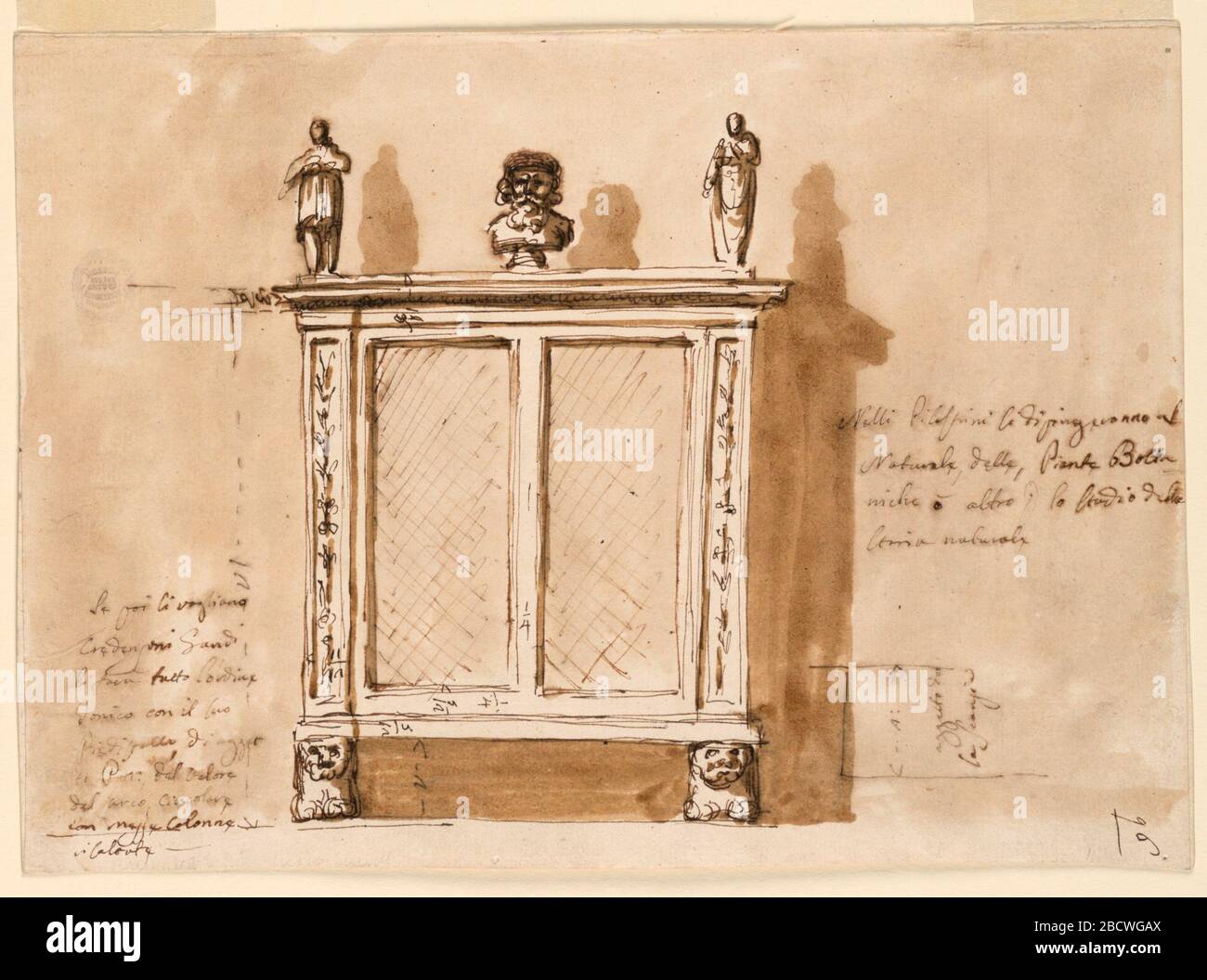 Placard. Recherche dans ProgressView d'un mobilier de cas sur pieds de lion. Panneaux sur le côté décorés avec la suggestion de candelabrum. Deux figures sculpturales et un buste au centre. Écriture à gauche et à droite. Placard Banque D'Images