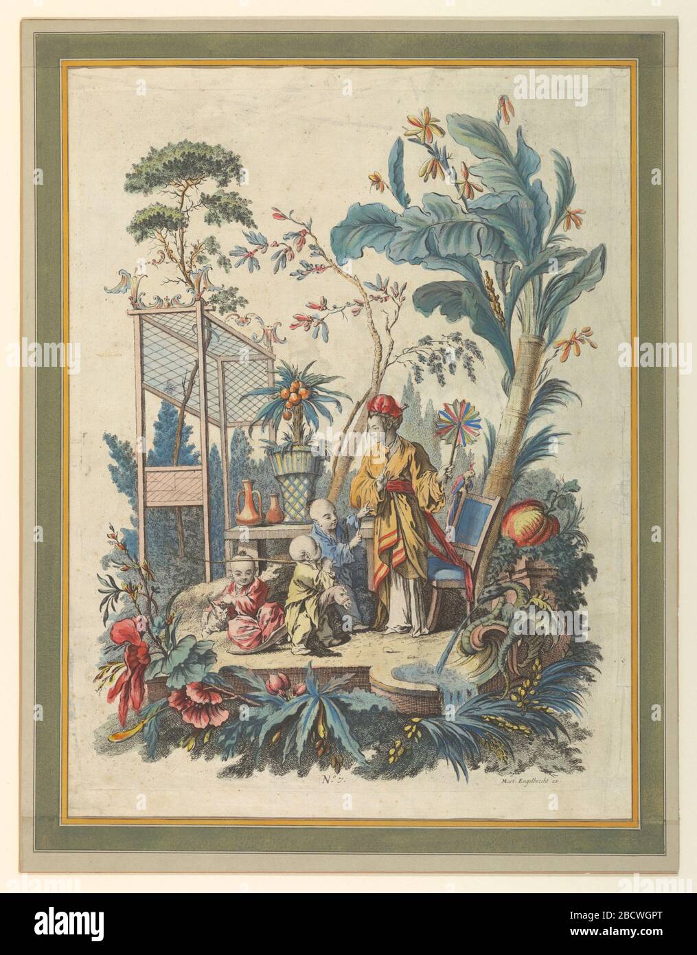 Plaque 7 d'un ensemble de scènes de Genre chinois. Recherche en ProgressPanel avec des chiffres chinois dans un jardin. Une femme et trois petits enfants. Un perroquet est perché à l'arrière d'une chaise dont la femme s'est levé à droite. Plaque 7 d'un ensemble de scènes de Genre chinois Banque D'Images