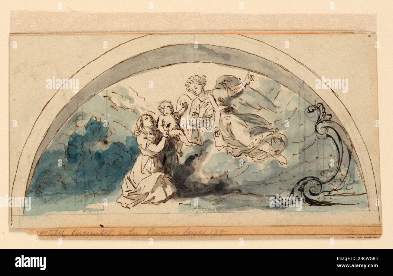 Design pour une Lunette. Recherche dans ProgressRectangle horizontal montrant la conception d'une lunette avec une mère, un enfant et un ange. Design pour une Lunette Banque D'Images