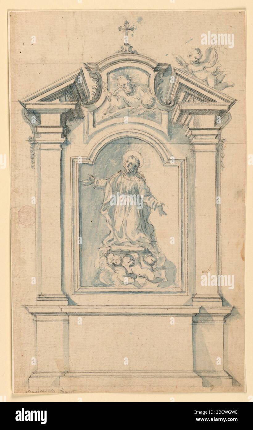 Un autel. Recherche en progression composition verticale d'un autel avec une croix en haut, un puto en haut à droite, et Dieu le Père regardant vers le Christ soutenu par trois putti un autel Banque D'Images