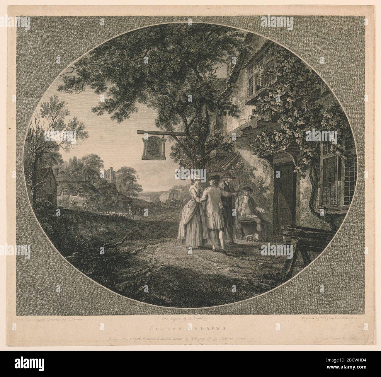 Joseph Andrews. Recherche dans ProgressThe Inn scène, du roman de Fielding, montrant quatre figures à la porte d'un Country inn. Un wagon couvert dans la distance. Joseph Andrews Banque D'Images