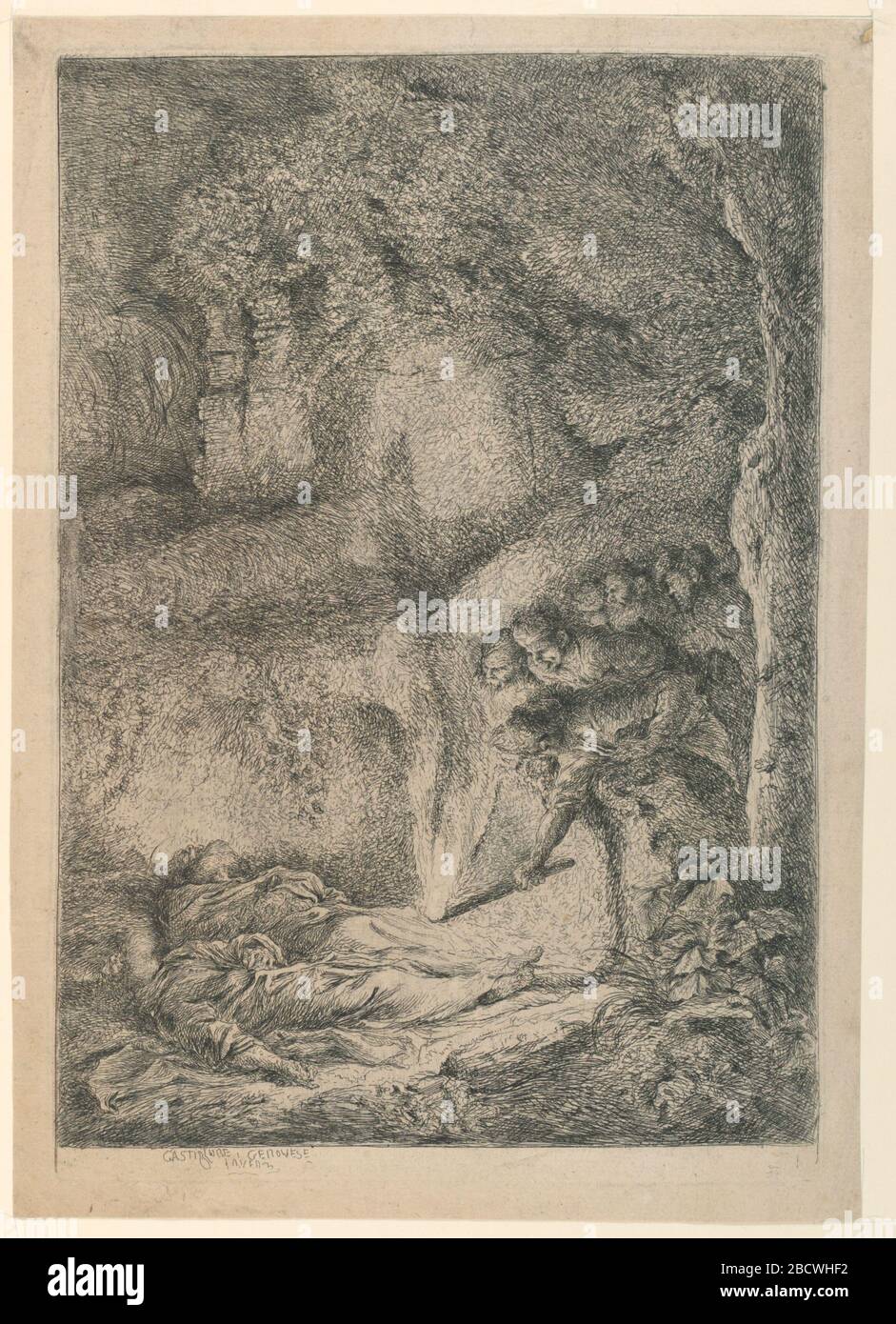 La conclusion des corps de St Pierre et St Paul. Recherche dans ProgressInterior d'une grotte. Groupe de figures à droite, un tenant une torche vers le sol. En bas à gauche, les corps des saints. La conclusion des corps de St Pierre et St Paul Banque D'Images
