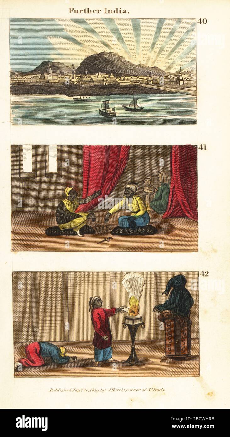 Vues historiques de l'Inde (Asie du Sud-est). La ville de Batavia (Jakarta) 40, joueur indien perdant sa famille dans un pari 41, et brûlant des prières à un idole à Tonquin (Tonkin, Vietnam) 42. Gravure en copperplate de couleur à la main des scènes du Rév. Isaac Taylor en Asie, pour le divertissement et l'instruction des voyageurs de Little tarry-at-Home, John Harris, Londres, 1819. Banque D'Images