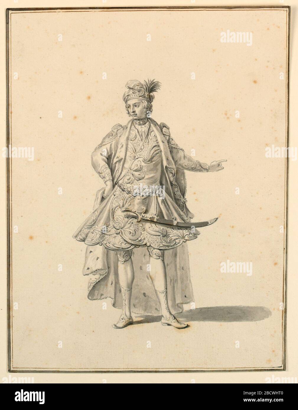 Costume Design Perse Prince pour une production de scène conçue par Giuseppe Galli Bibiena. Recherche dans le rectangle Progressvertical. Sur toute la longueur d'un homme, face au spectateur, sa tête s'est tournée vers la gauche. Sa main droite est à cette hanche, la gauche gestuelle. Il porte un costume de brocart élaboré, avec une cape bordée d'ermine. Costume Design Perse Prince pour une production de scène conçue par Giuseppe Galli Bibiena Banque D'Images