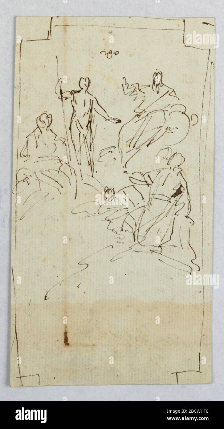 La partie supérieure d'une peinture au plafond la gloire d'un Saint. Recherche en progression le saint s'agenoulit sur les nuages, un ange à côté de lui. Au-dessus de la Vierge, Christ est avec la Croix, Dieu le Père, et la Dove du Saint Esprit la partie supérieure d'une peinture au plafond la gloire d'un Saint Banque D'Images