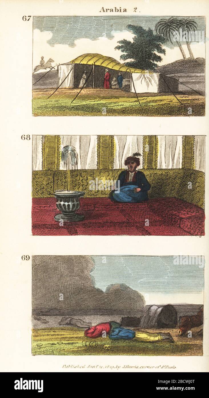 Vues historiques de l'Arabie. Bédouins nomades dans une tente près d'une oasis 67, bédouin assis sur un tapis avant une fontaine 68, et hommes prenant couvert du désert de Simoom vent 69. Gravure en copperplate de couleur à la main des scènes du Rév. Isaac Taylor en Asie, pour le divertissement et l'instruction des voyageurs de Little tarry-at-Home, John Harris, Londres, 1819. Banque D'Images