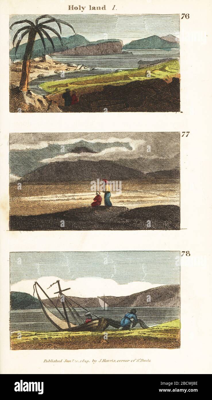 Vues historiques de la Terre Sainte. La mer Morte ou le lac de Sodome 76, le mont Tabor 77 et le pêcheur sur la mer de Galilée 78. Gravure en copperplate de couleur à la main des scènes du Rév. Isaac Taylor en Asie, pour le divertissement et l'instruction des voyageurs de Little tarry-at-Home, John Harris, Londres, 1819. Banque D'Images