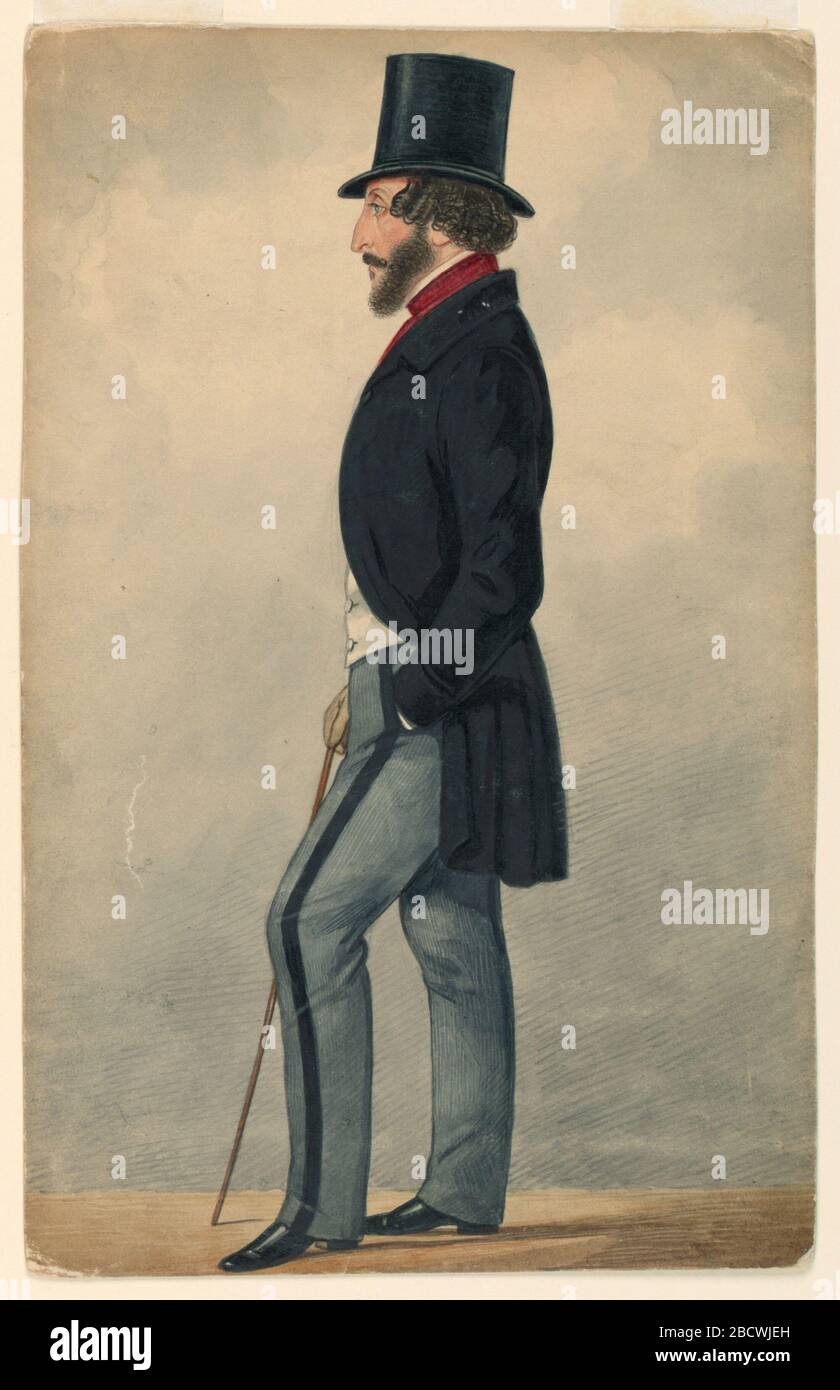 Portrait de Lord Beaugreffier. Recherche dans le rectangle Progressvertical. Un homme portant des fouets et un chapeau de tête est vu pleine longueur debout dans le profil gauche. Il porte un bâton de marche. Portrait de Lord Beaugreffier Banque D'Images