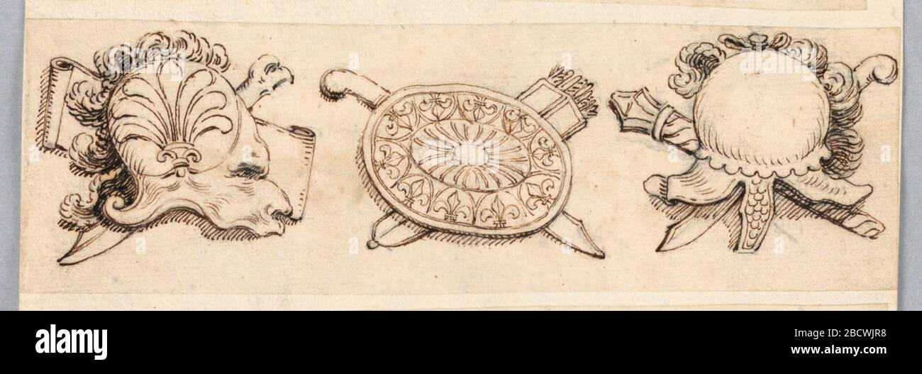 Trois trophées. Recherche dans les rectangles Progresshorizontal montrant trois conceptions pour les trophées militaires. À gauche, un casque plombé avec nez. Trois trophées Banque D'Images