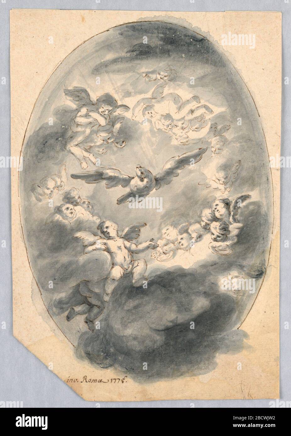Projet pour un plafond. Recherche dans la gloire de Progressa des anges dans les nuages avec la Dove du Saint-Esprit dans le centre. Projet pour un plafond Banque D'Images