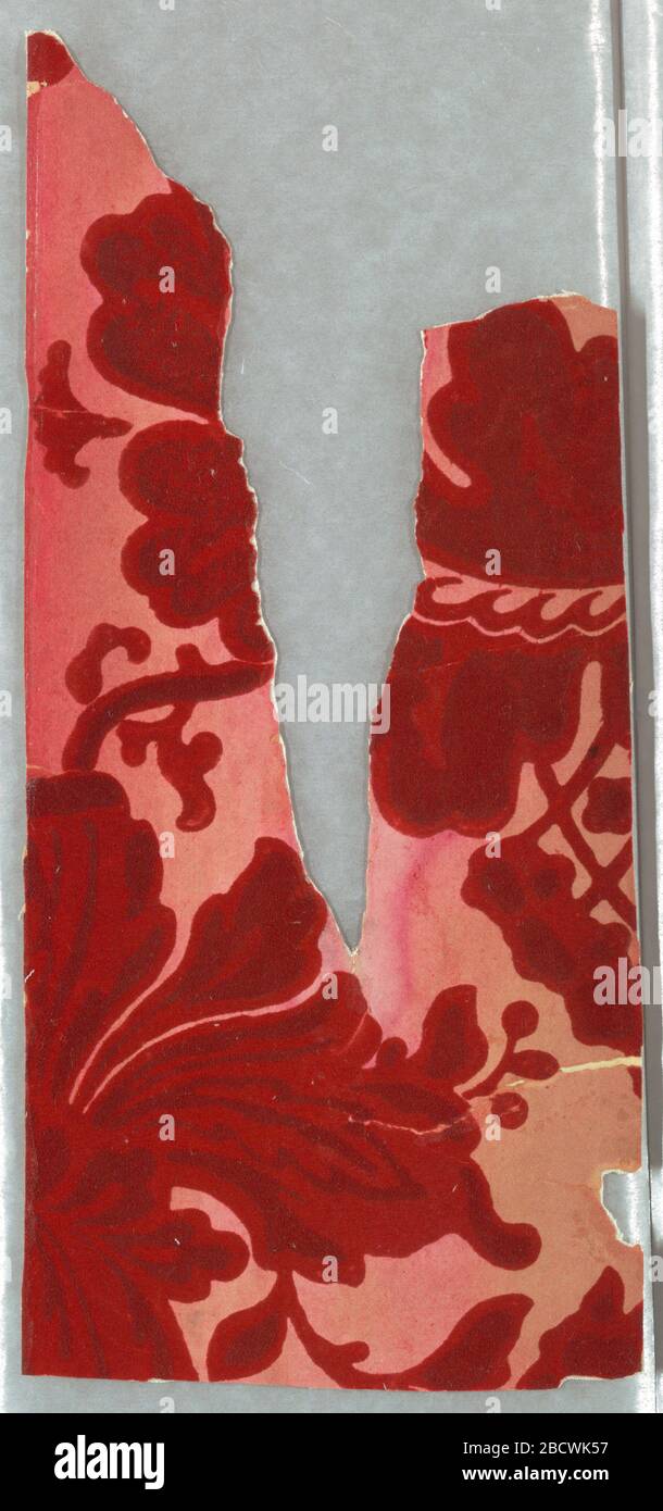 Flanc. Recherche dans ProgressCette papier est imprimé dans un grand design pour simuler le velours coupé sur un champ de satin. Le motif est apparemment composé de rouleaux et de vaporisateurs floraux. Flanc Banque D'Images