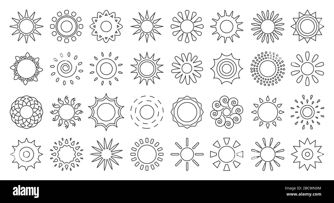 Jeu d'icônes de soleil de ligne noire. Vide formes simples différentes solaire. Logo design élément lumière du soleil matin, météo, printemps. Pictogramme rond énergie ensoleillée pour Illustration de Vecteur