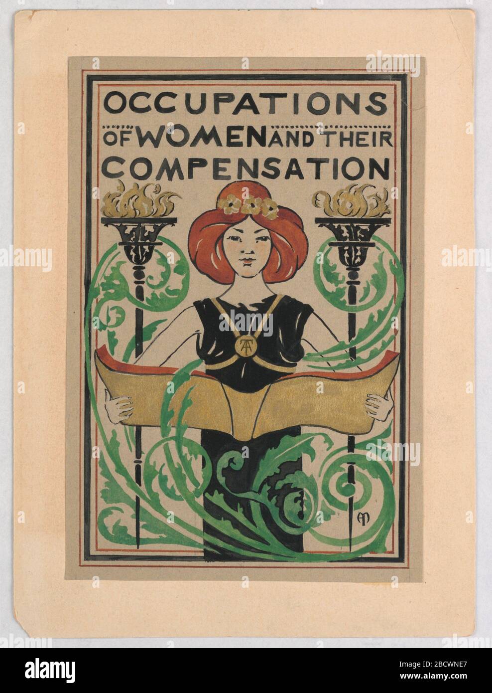 Design pour titre Page professions des femmes et leur rémunération. Recherche en Progressa femme dans une robe noire, avec des bandes d'or sur sa poitrine et un médaillon au centre avec les lettres 'AT,' tient un livre ouvert avec une couverture d'or. Une couronne de trois fleurs d'or apparaît au-dessus de ses cheveux rouges. Design pour titre Page professions des femmes et leur rémunération Banque D'Images