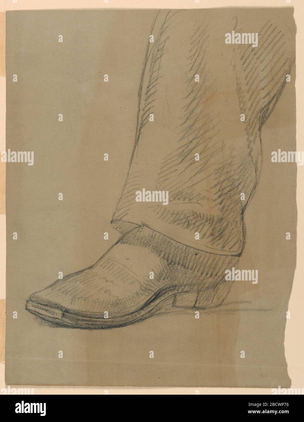 Étude d'un pied pour les projecteurs de câbles de l'Atlantique. Recherche en progression étude de la jambe et du pied inférieurs d'un homme, du côté, portant une chaussure. Verso : deux esquisses d'une main droite d'en haut. Étude d'un pied pour les projecteurs de câbles de l'Atlantique Banque D'Images