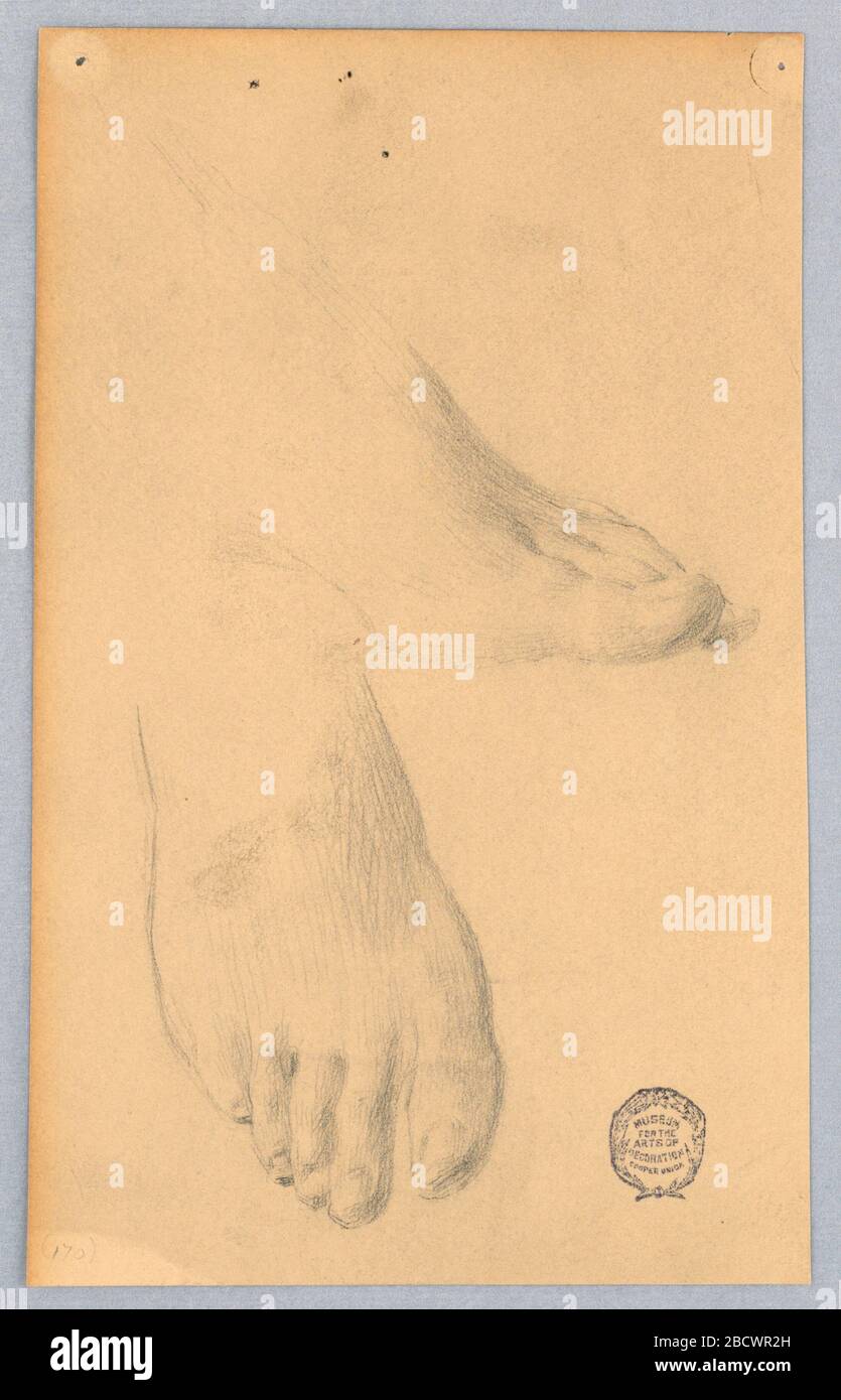 Étude des pieds. Recherche dans ProgressLower left, partie inférieure du pied droit vu du haut, avec des orteils orientés vers le bas de la page; pied gauche, vu du côté, en haut à droite. Étude des pieds Banque D'Images