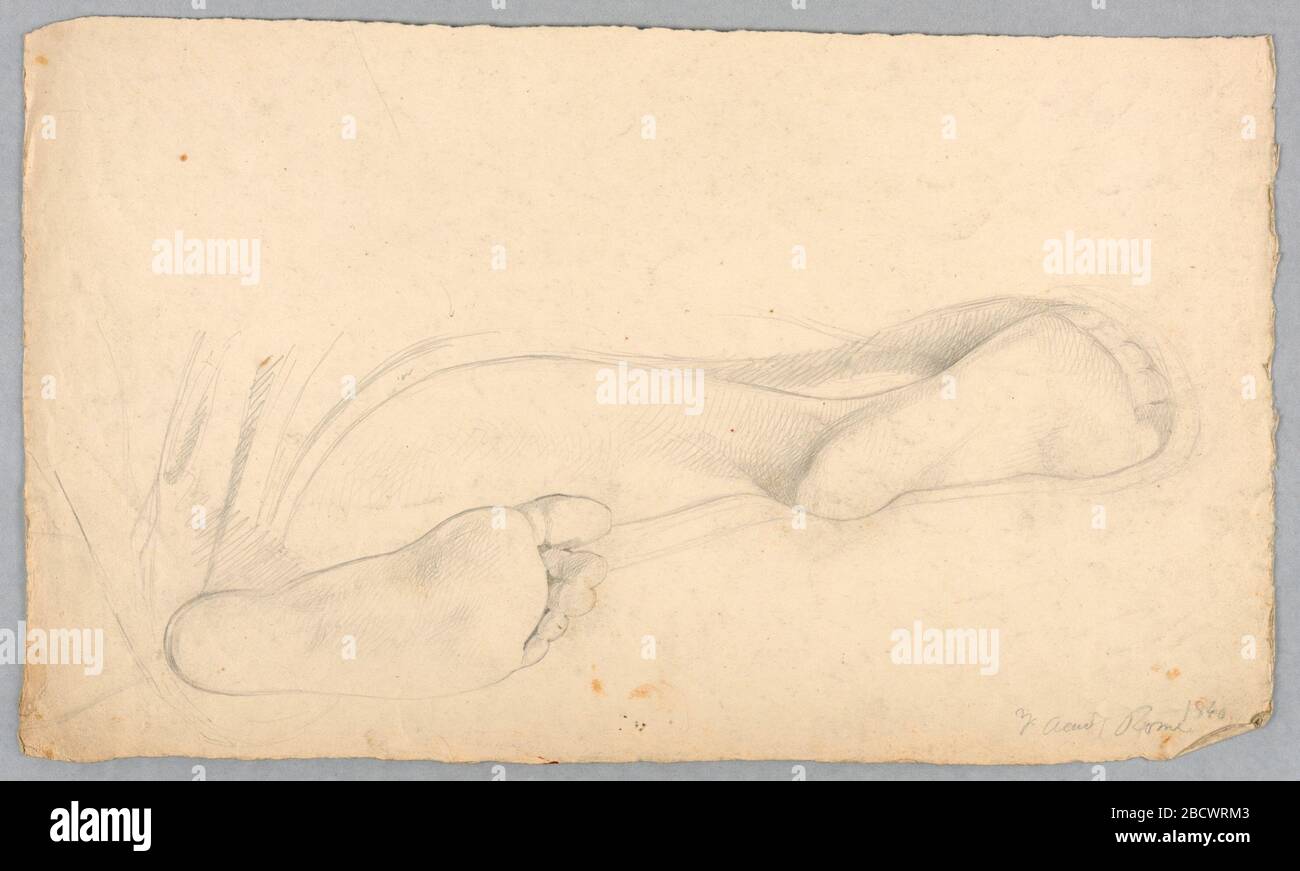 Étude des pieds d'une femme RecDoubing. Recherche en progression étude des semelles des pieds d'une femme inclinée. Des parties de la jambe droite et du fond des deux pieds sont illustrées. Étude des pieds d'une femme RecDoubing Banque D'Images