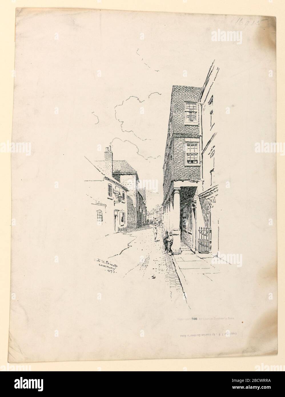 Vieille maison à Gainsborough. Recherche dans ProgressHouses bordant une rue étroite, des deux côtés. A droite, une maison en briques de trois étages, les deux étages supérieurs projetant au bord de la promenade, soutenue par une rangée de piliers. Vieille maison à Gainsborough Banque D'Images