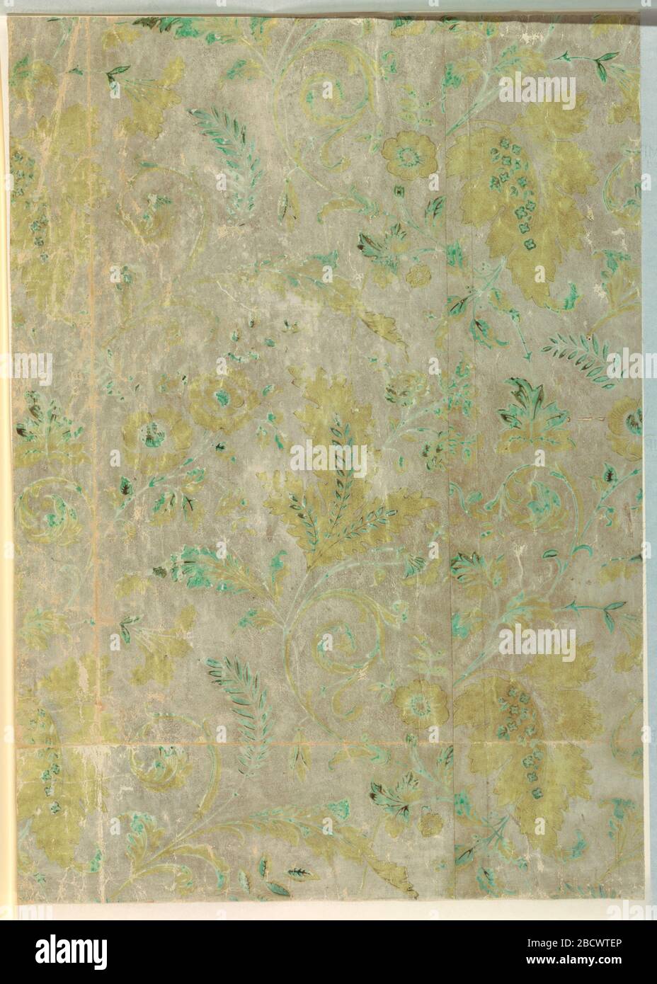 Flanc. La recherche en ProgressTwo a rejoint des largeurs de papier imprimées avec un motif répété de fleurs et de feuilles de renceaux. Imprimé en gris, vert, marron et jaune sur du papier fabriqué par la machine avec une terre satinée. Flanc Banque D'Images