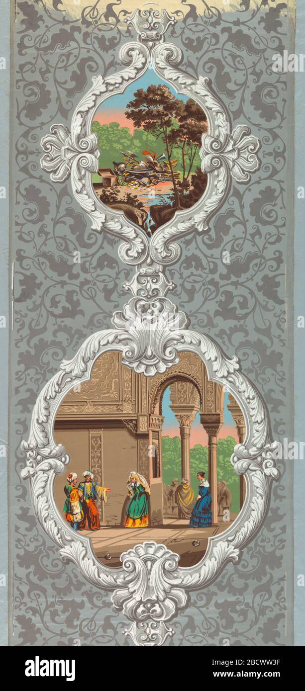 Mille et une nuits. Recherche en ProgressFive différents médaillons alternant verticalement avec une constante plus petite. Les scènes dans les cinq grands médaillons montrent des figures en costume du XVIIe siècle contre des arrière-plans architecturaux et pittoresques. Environ seize couleurs sur sol gris poli ou satiné. Mille et une nuits Banque D'Images