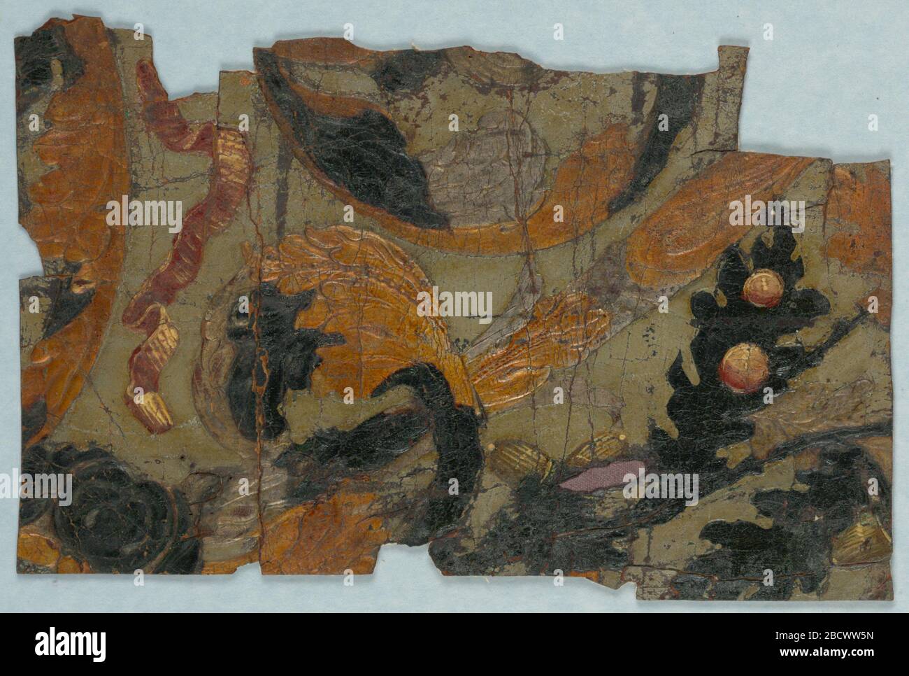 Flanc. Recherche dans le champ ProgressGray; arabesques de feuillage en or, argent, noir et jaune, avec ruban ondulé en rose et jaune. Flanc Banque D'Images