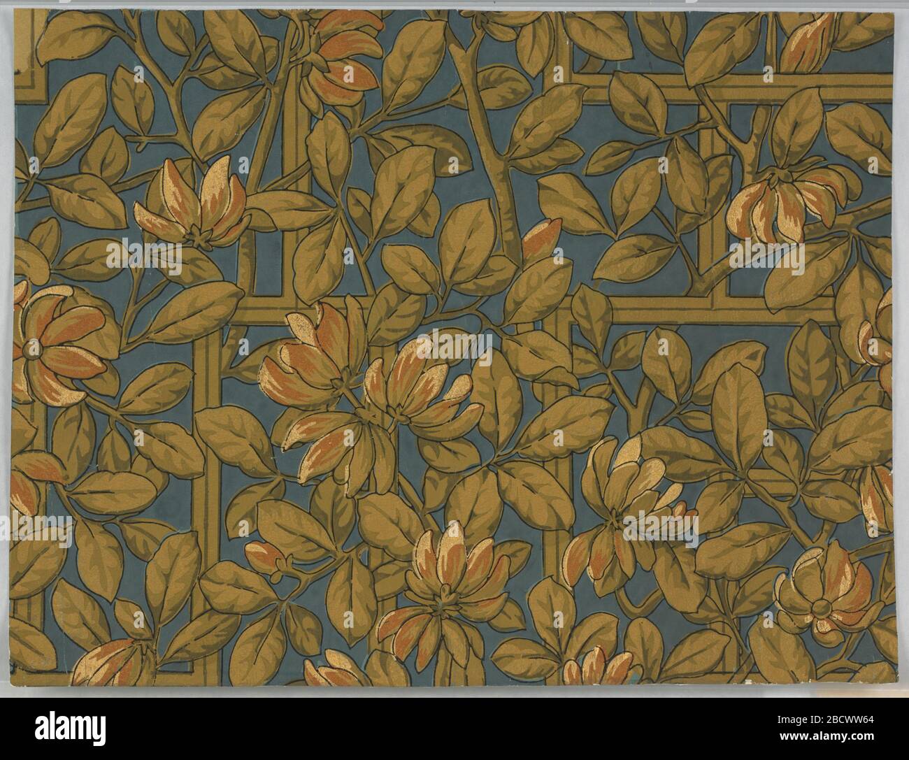 Flanc. Trellis dans des tons d'or métallique esquissés en noir avec des fleurs en cuivre métallique et or, esquissés en noir. Flanc Banque D'Images