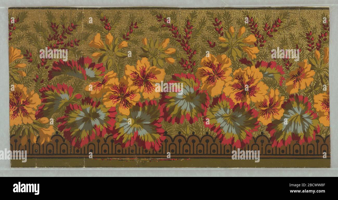 Frise. La recherche en ProgressSimule une frontière de nasturtiums à fleurs avec un fond d'une rangée de brindilles profusely berried. À la base se trouve une bande simulant une clôture de fil à faible pétoncle. De la maison construite en 1812 à Burlington, Vermont. Style esthétique. Frise Banque D'Images