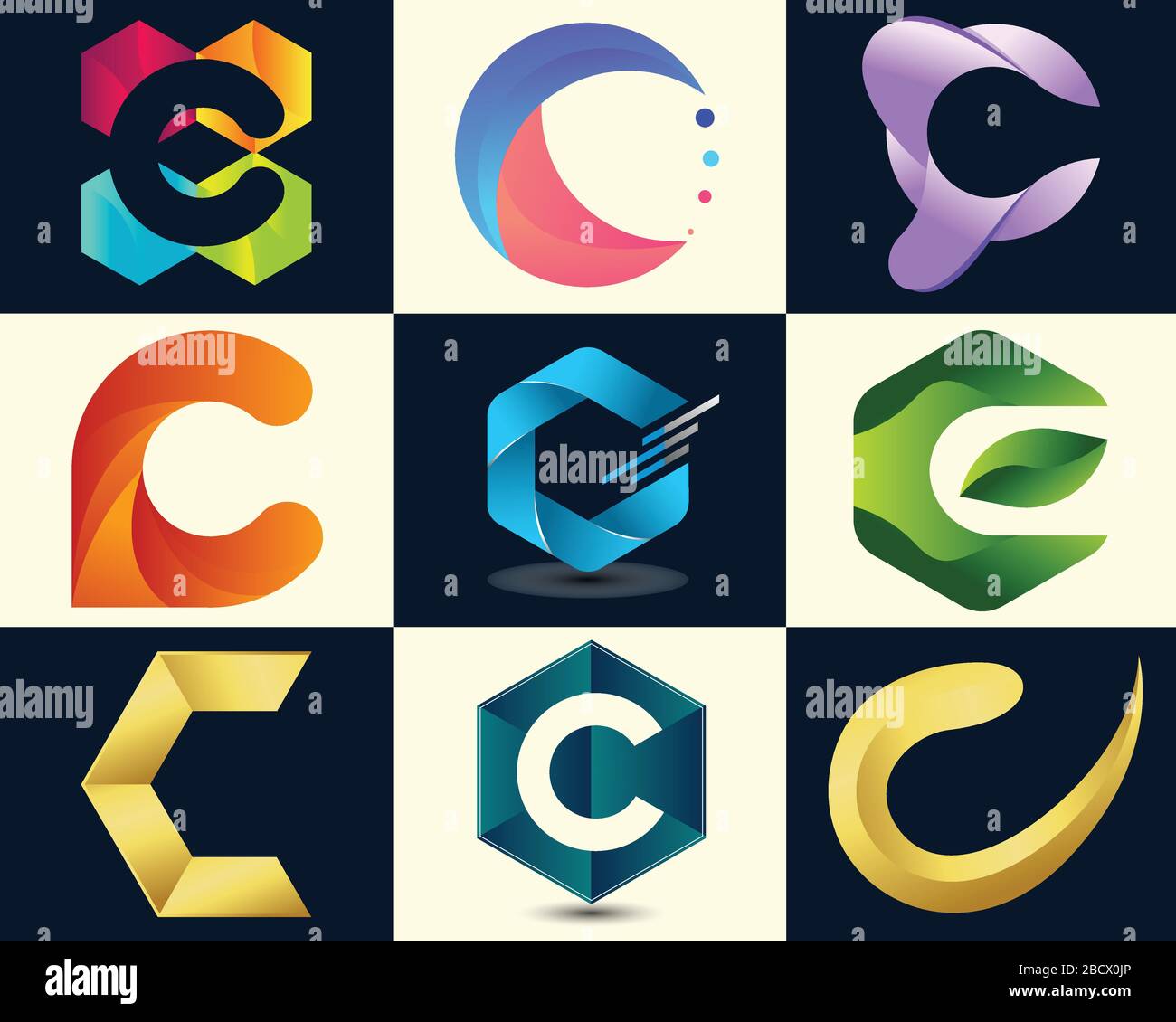 Ensemble d'éléments de modèle de conception d'icônes de logo lettre C. Collection de signes vectoriels. Modèle de logo moderne ou icône de lettre abstraite C. Illustration de Vecteur