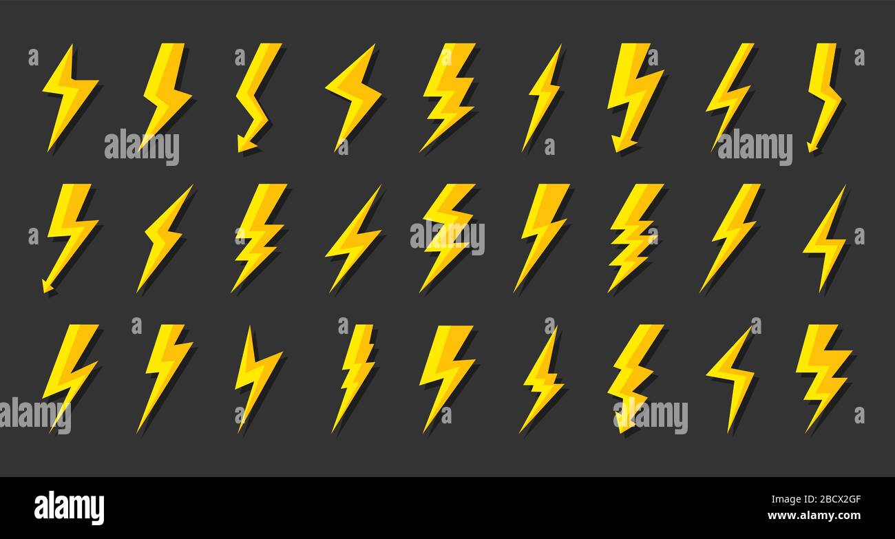 Jeu de boulons de foudre jaunes. Icônes de frappe électrique avec flèche, foudre de choc. Symbole électricité, énergie et tonnerre. Signal de tension et d'alimentation. FLA Illustration de Vecteur