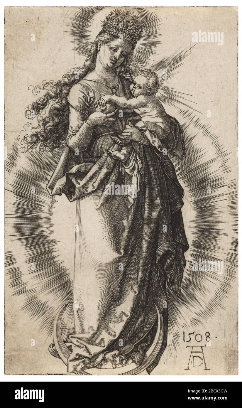 La Vierge à la couronne Starry. Recherche en progression la Vierge se tient sur un croissant, portant une couronne d'étoiles. Elle tient l'enfant dans son bras gauche et lui présente des fruits. La Vierge à la couronne Starry Banque D'Images