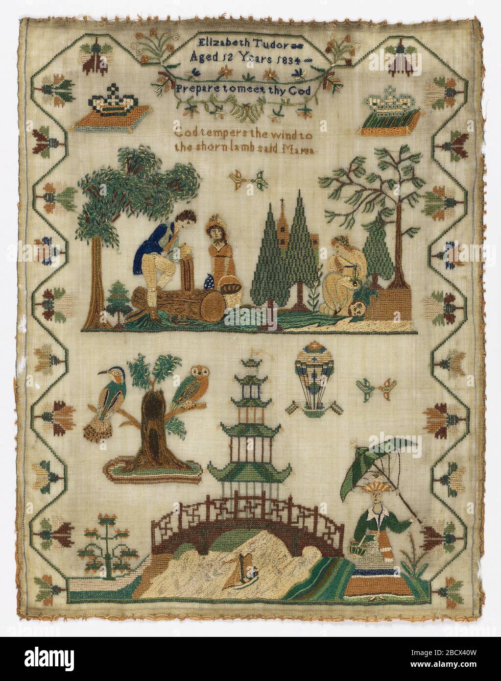 Echantillonneur. Recherche dans les scènes ProgressTwo et un texte court à l'intérieur d'une bordure fleurie courbe. La scène centrale supérieure est une illustration d'une scène dans le livre de Laurence Sterne "UN voyage sentimental" montrant le personnage déjecté, Maria, comme elle est décrite dans le livre. Echantillonneur Banque D'Images