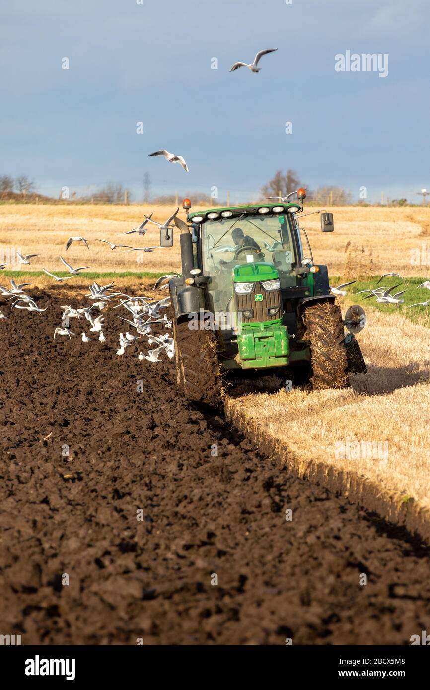 Labourage et récupération des goules de tracteur John Deere Banque D'Images