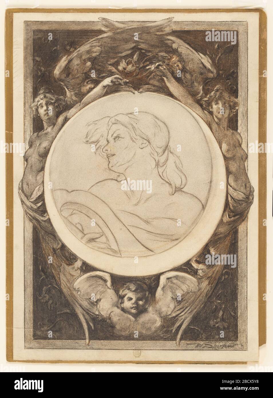 Femme avec Lyre. Recherche dans le centre ProgressAt, dans un cadre circulaire, un buste d'une femme tenant la tête d'une lyre avec sa main droite. Femme avec Lyre Banque D'Images