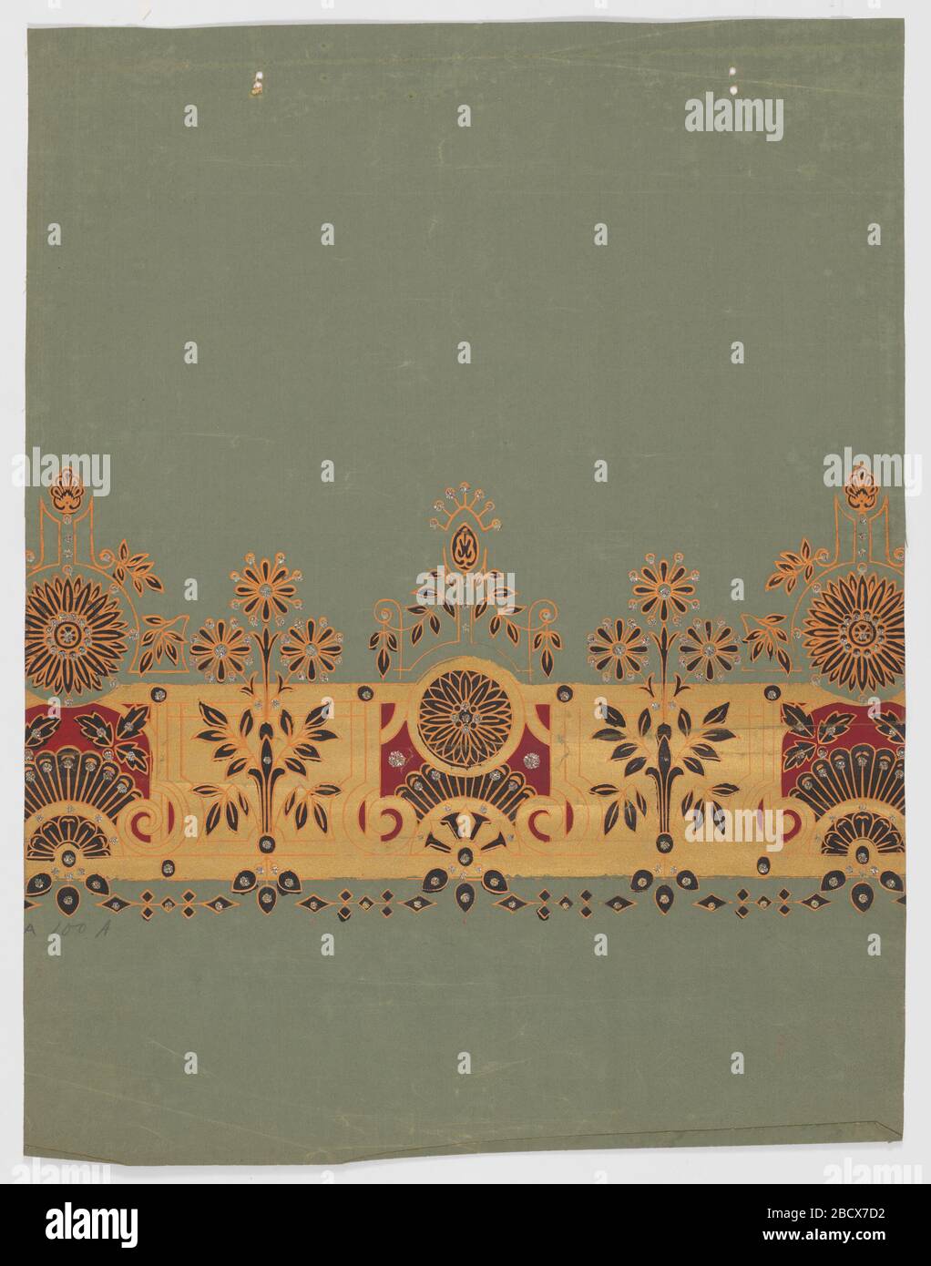 Ombre de fenêtre. Recherche sur les bouquets floraux ProgressStylized alternant avec la fleur de type Marguerite. Imprimé en or métallique, bronze, rouge foncé et noir sur un support en tissu vert clair. Ombre de fenêtre Banque D'Images