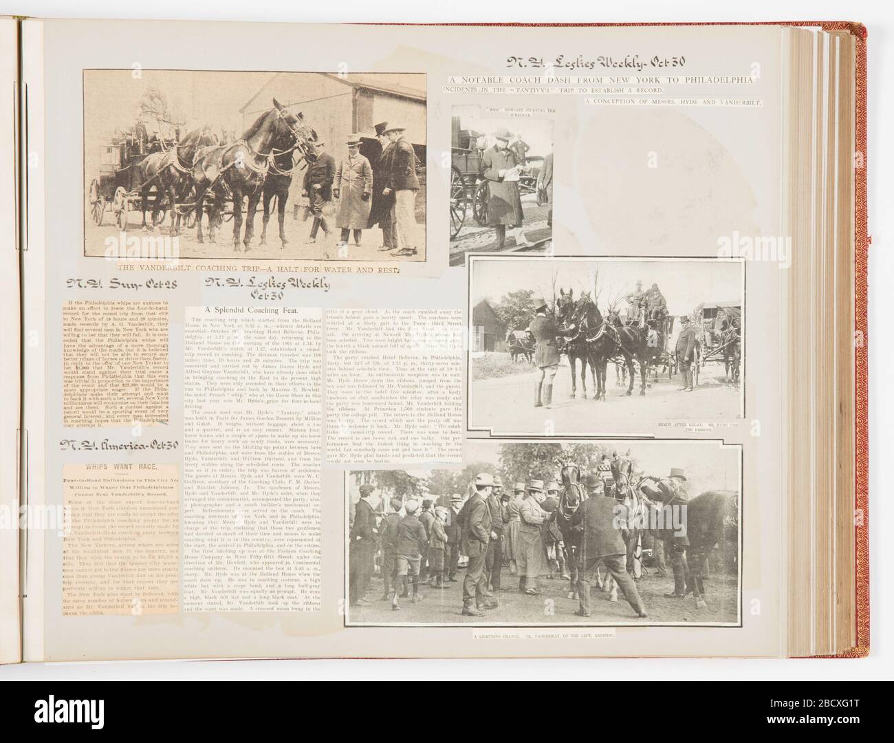 Album commémoratif documentant la course d'entraîneur de rupture de disque de 1901 de New York à Philadelphie et de retour. Recherche dans ProgressAlbum de coupures de journaux décrivant le voyage en autocar de New York à Philadelphie et retour. Les pilotes étaient James H. Hyde et Alfred Vanderbilt. Album commémoratif documentant la course d'entraîneur de rupture de disque de 1901 de New York à Philadelphie et de retour Banque D'Images