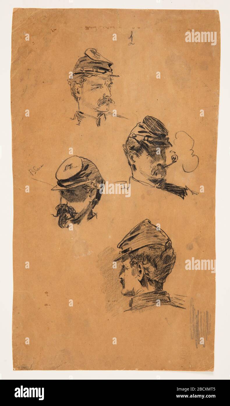 Quatre études de soldats. Vue verticale montrant les têtes de quatre soldats, avec une notation de couleur, 'Bleu', à côté de la tête, au centre gauche; et une lettre indistincte, en haut.Verso: Diverses esquisses de (1)un ciel nuageux, plusieurs 'O' inscrites en haut; (2)une rive avec des rochers et de la végétation émergeant des quatre études de soldats Banque D'Images