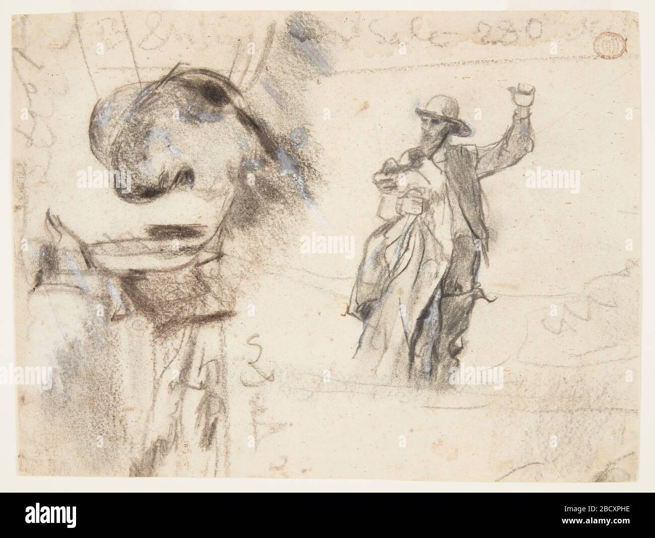 Deux études d'un marin avec des études de bras élevés pour le puits LookoutAlls et le Wreck. Croquis de la tête et des épaules du marin, portant un chapeau à large bord et tenant un manteau (un sou'wester), à droite. Un autre marin, presque pleine longueur, avec le bras gauche levé, est montré portant un chapeau de pluie et de yelling. Une esquisse de nuages et de mer apparaît à gauche. Deux études d'un marin avec des études de bras élevés pour le puits LookoutAlls et le Wreck Banque D'Images