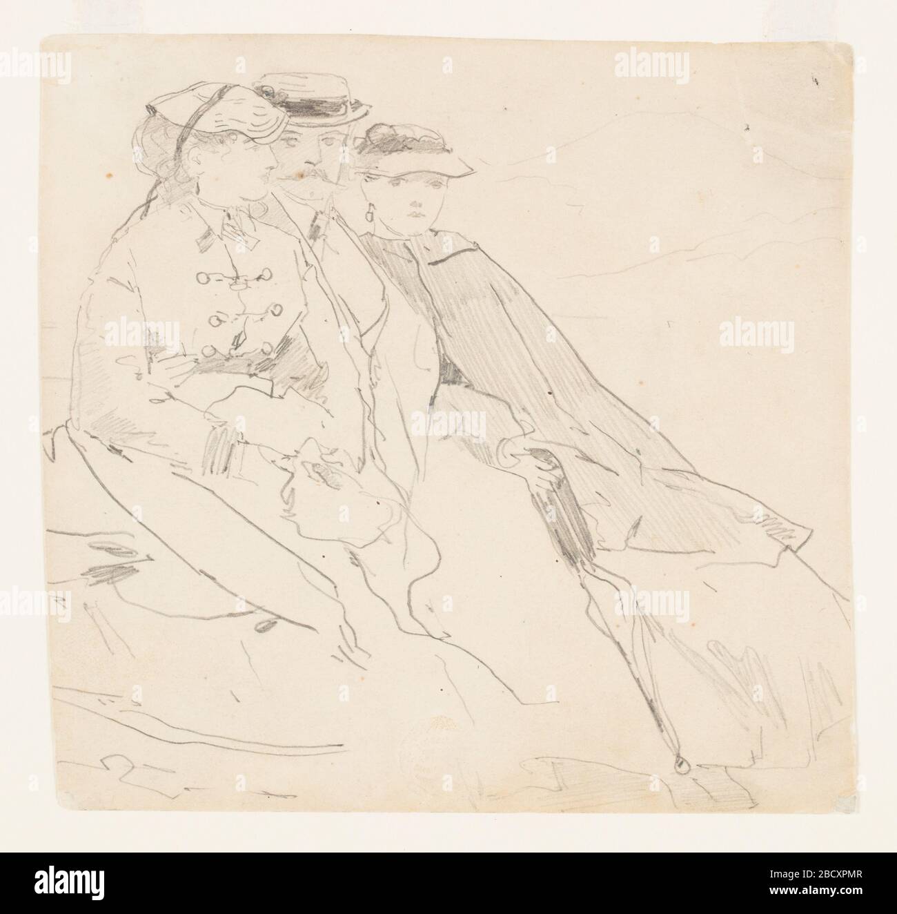 Trois figures. Recherche en progression vue horizontale d'une femme, d'un homme et d'une jeune femme assise côte à côte avec une montagne en arrière-plan. Trois figures Banque D'Images