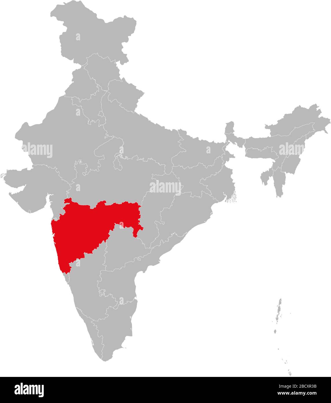 Maharashtra a marqué le rouge sur l'illustration vectorielle de carte de l'inde. Fond gris clair. Parfait pour les concepts d'entreprise, le fond, les arrière-plans, l'étiquette, l'autocollant, Illustration de Vecteur