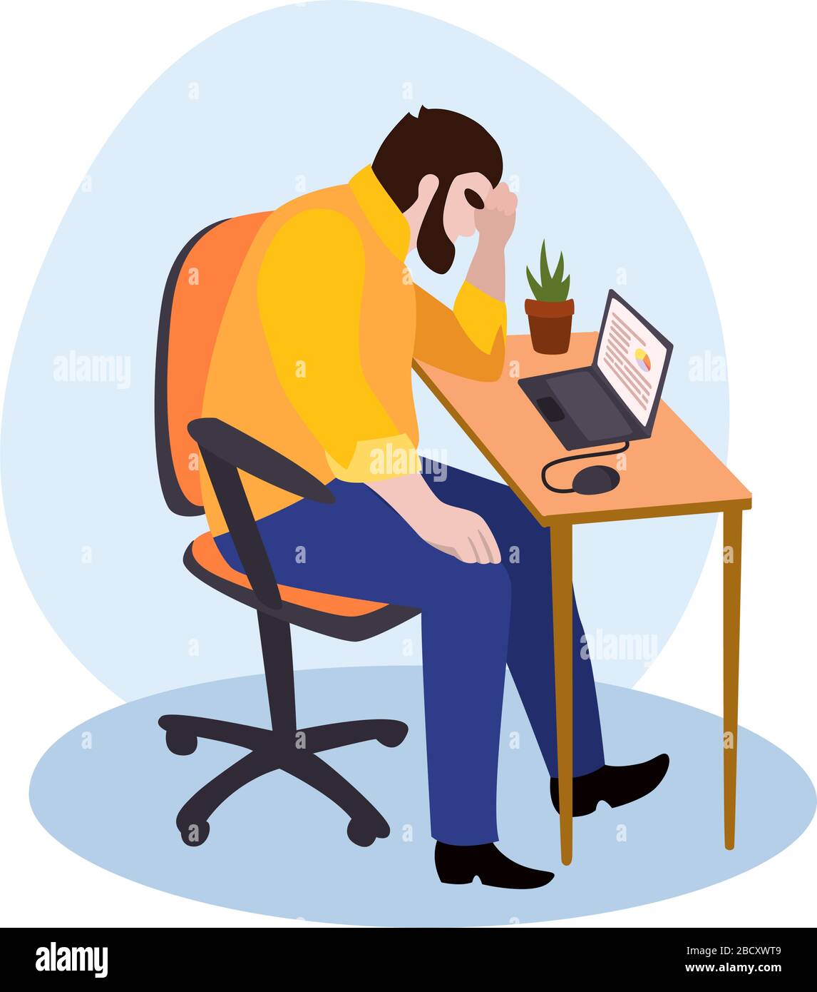 Un homme fatigué au bureau, triste ennuyant assis avec la tête sur l'ordinateur portable. Syndrome d'épuisement professionnel. Illustration de dessin animé isolé sur blanc Illustration de Vecteur