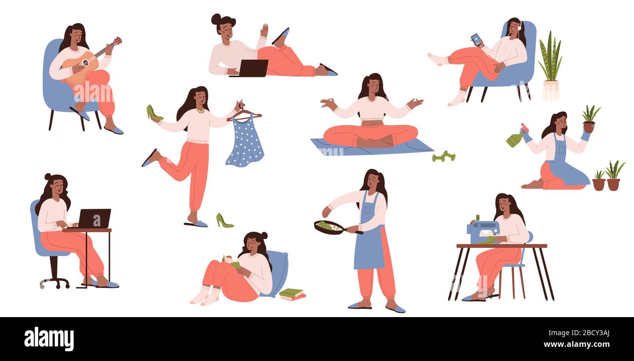 Fille prend soin des plantes ménagères, livre de lecture, faire du yoga, travailler, cuisiner, écouter de la musique, discuter, jouer de la guitare, coudre. Illustration de Vecteur